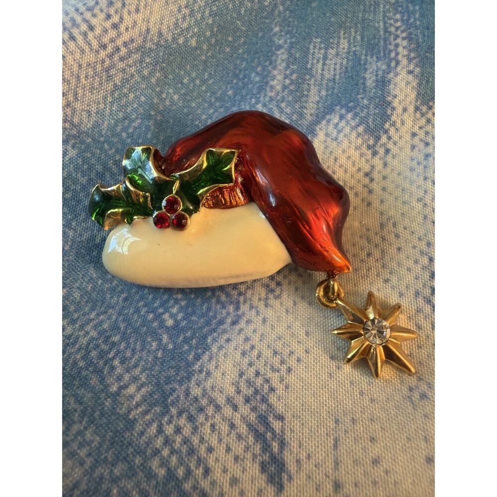 Christmas Santa Hat Red Rhinestone CHRISTOPHER RADKO Vintage Brooch Gold J-481